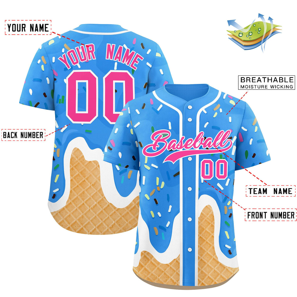 Custom Powder Blue Ice Cream Cone Graffiti Pattern Fashion Authentic Baseball Jersey| KXKSHOP