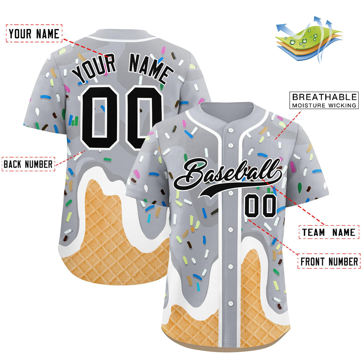 Custom Gray Ice Cream Cone Graffiti Pattern Fashion Authentic Baseball Jersey| KXKSHOP