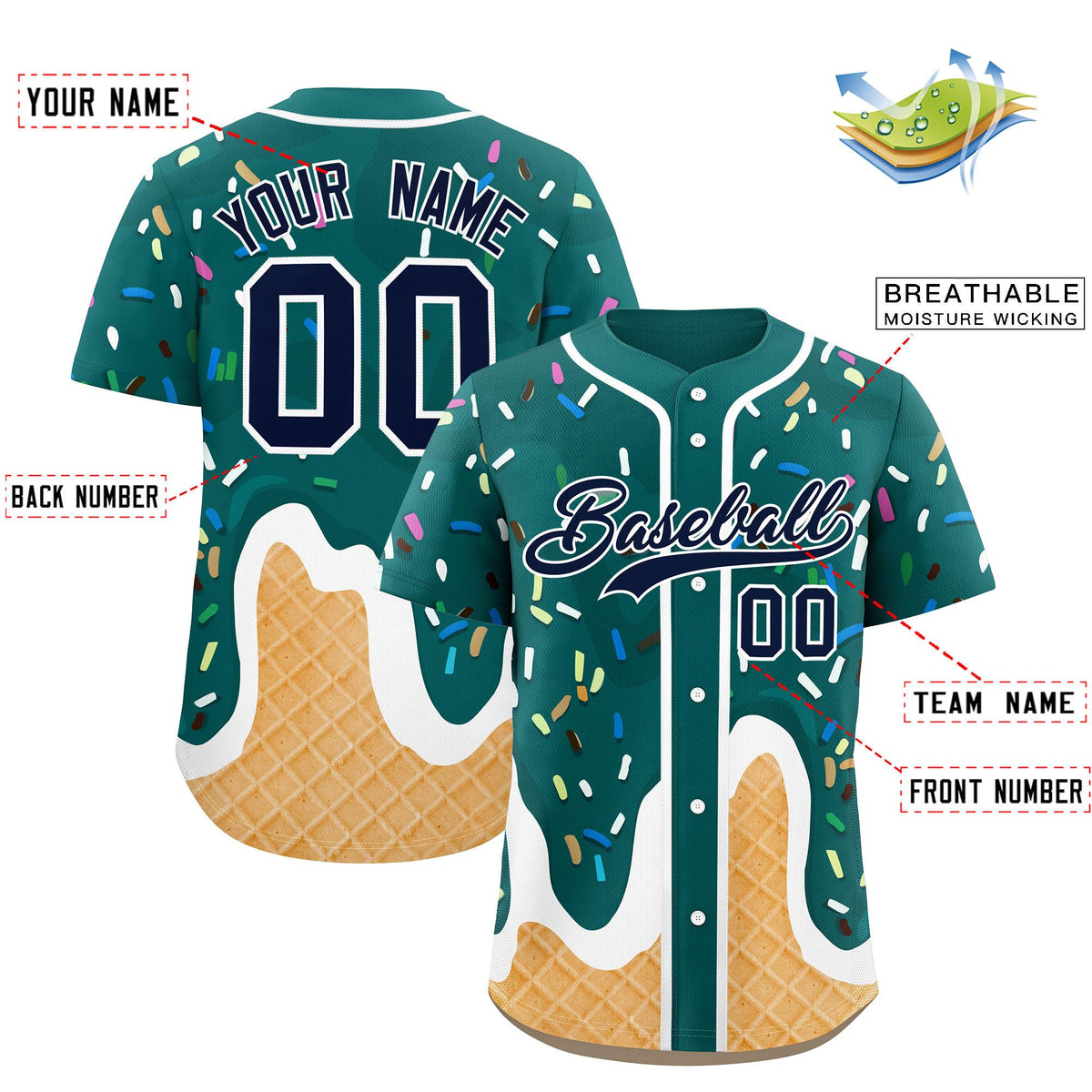 Custom Aqua Ice Cream Cone Graffiti Pattern Fashion Authentic Baseball Jersey| KXKSHOP