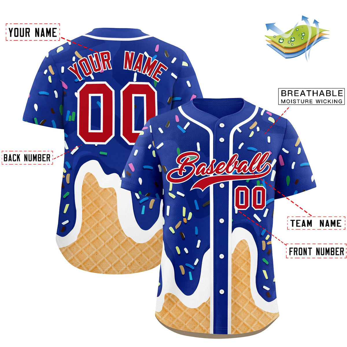 Custom Royal Ice Cream Cone Graffiti Pattern Fashion Authentic Baseball Jersey| KXKSHOP