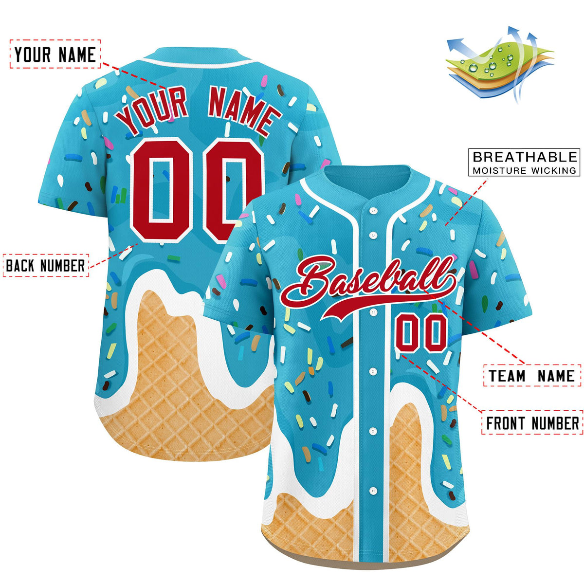 Custom Sky Blue Ice Cream Cone Graffiti Pattern Fashion Authentic Baseball Jersey| KXKSHOP