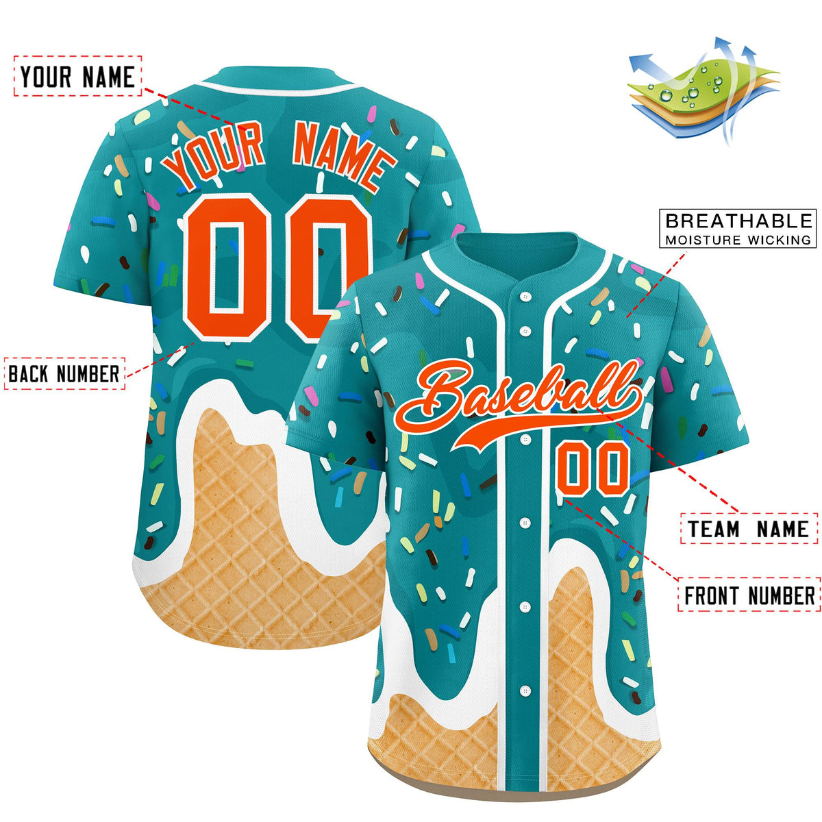 Custom Aqua Ice Cream Cone Graffiti Pattern Fashion Authentic Baseball Jersey| KXKSHOP