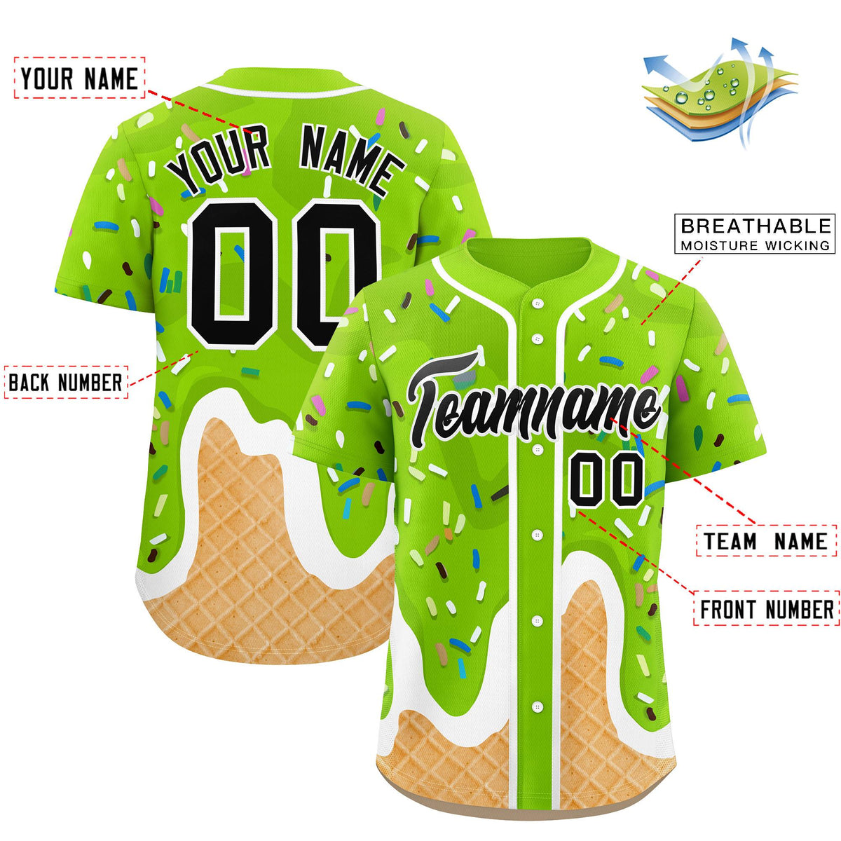 Custom Neon Green Ice Cream Cone Graffiti Pattern Fashion Authentic Baseball Jersey| KXKSHOP