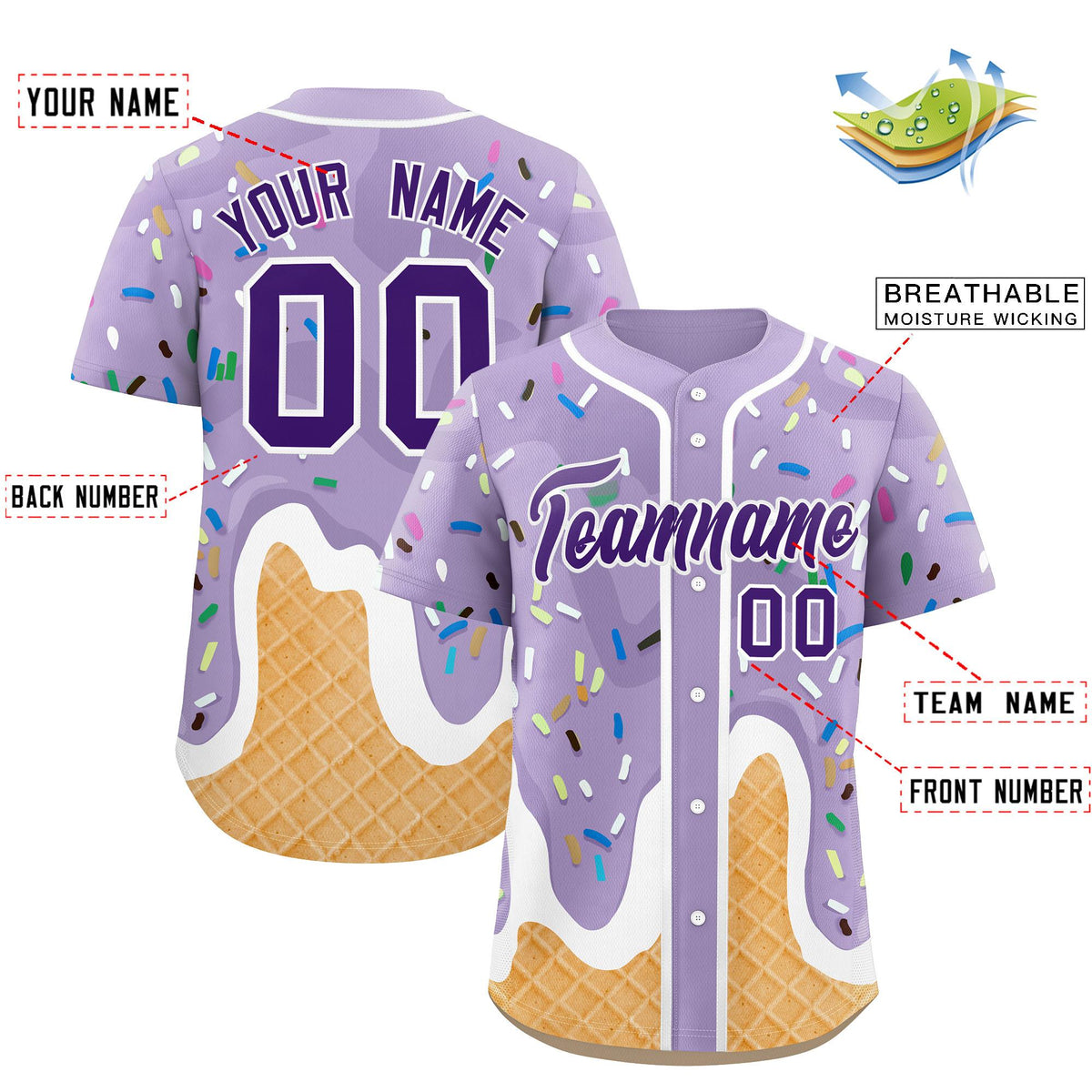 Custom Light Purple Ice Cream Cone Graffiti Pattern Fashion Authentic Baseball Jersey| KXKSHOP