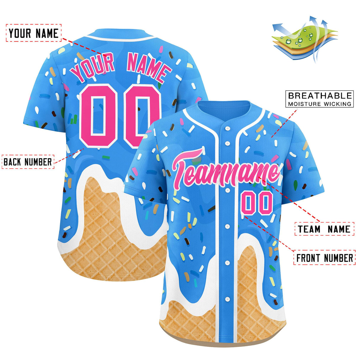 Custom Powder Blue Ice Cream Cone Graffiti Pattern Fashion Authentic Baseball Jersey| KXKSHOP
