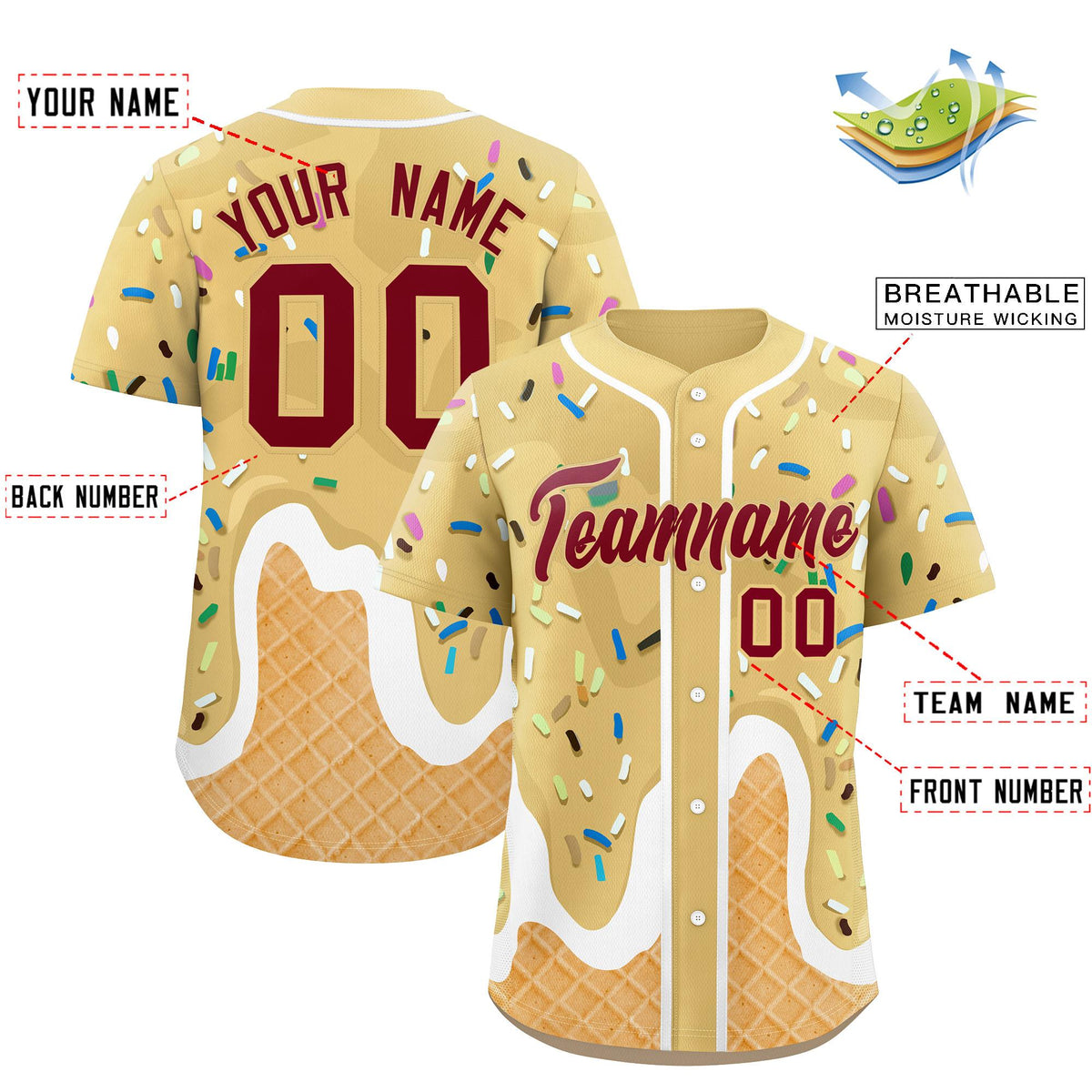 Custom Khaki Ice Cream Cone Graffiti Pattern Fashion Authentic Baseball Jersey| KXKSHOP