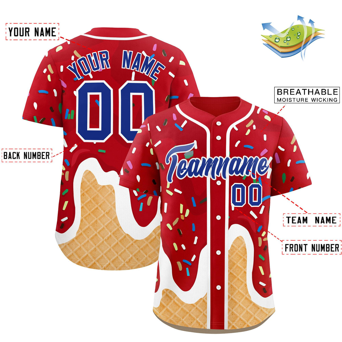 Custom Red Ice Cream Cone Graffiti Pattern Fashion Authentic Baseball Jersey| KXKSHOP