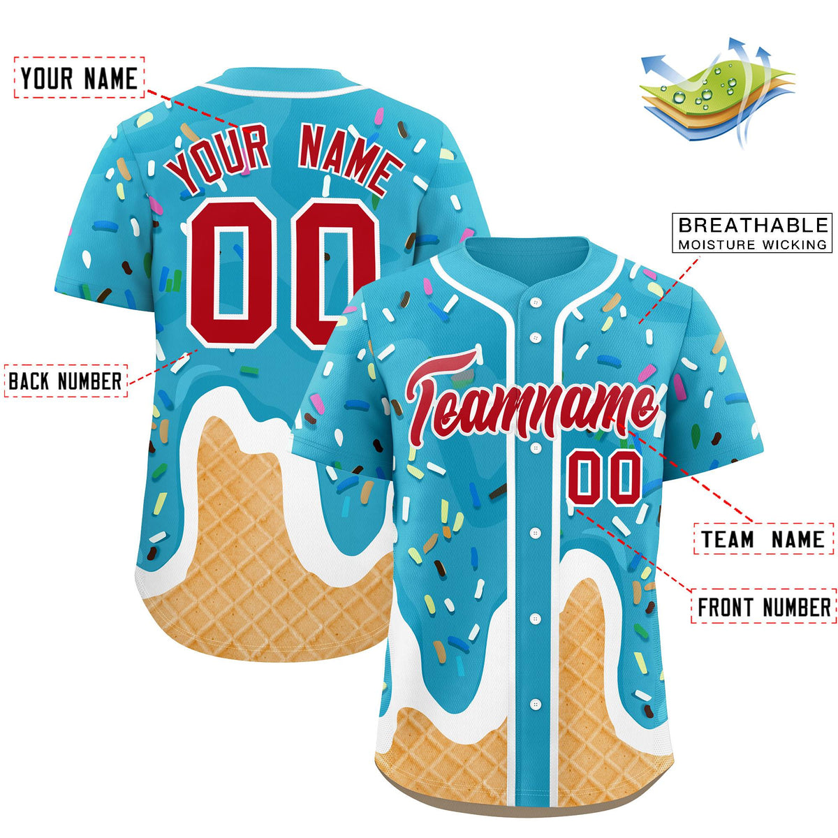 Custom Sky Blue Ice Cream Cone Graffiti Pattern Fashion Authentic Baseball Jersey| KXKSHOP