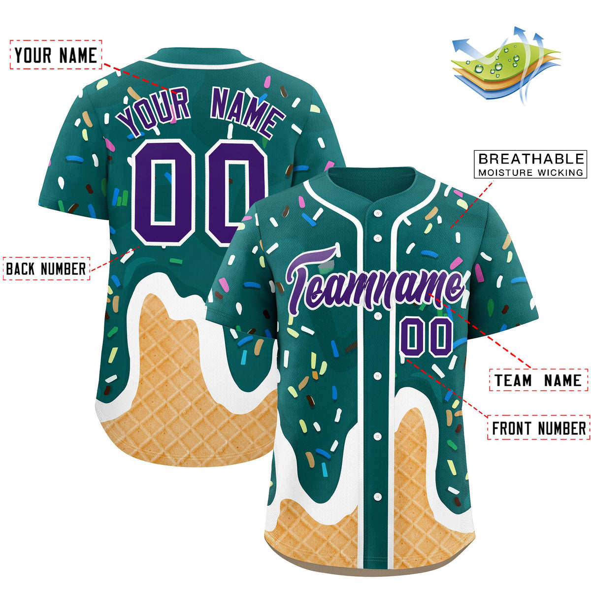 Custom Aqua Ice Cream Cone Graffiti Pattern Fashion Authentic Baseball Jersey| KXKSHOP