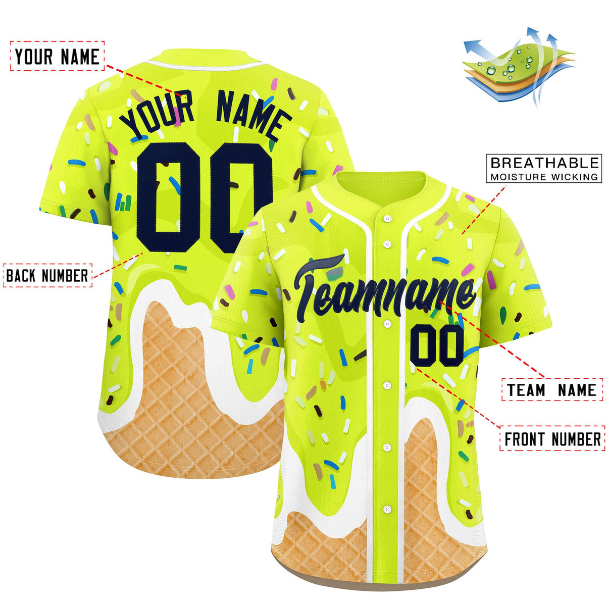 Custom Fluorescent Green Ice Cream Cone Graffiti Pattern Fashion Authentic Baseball Jersey| KXKSHOP