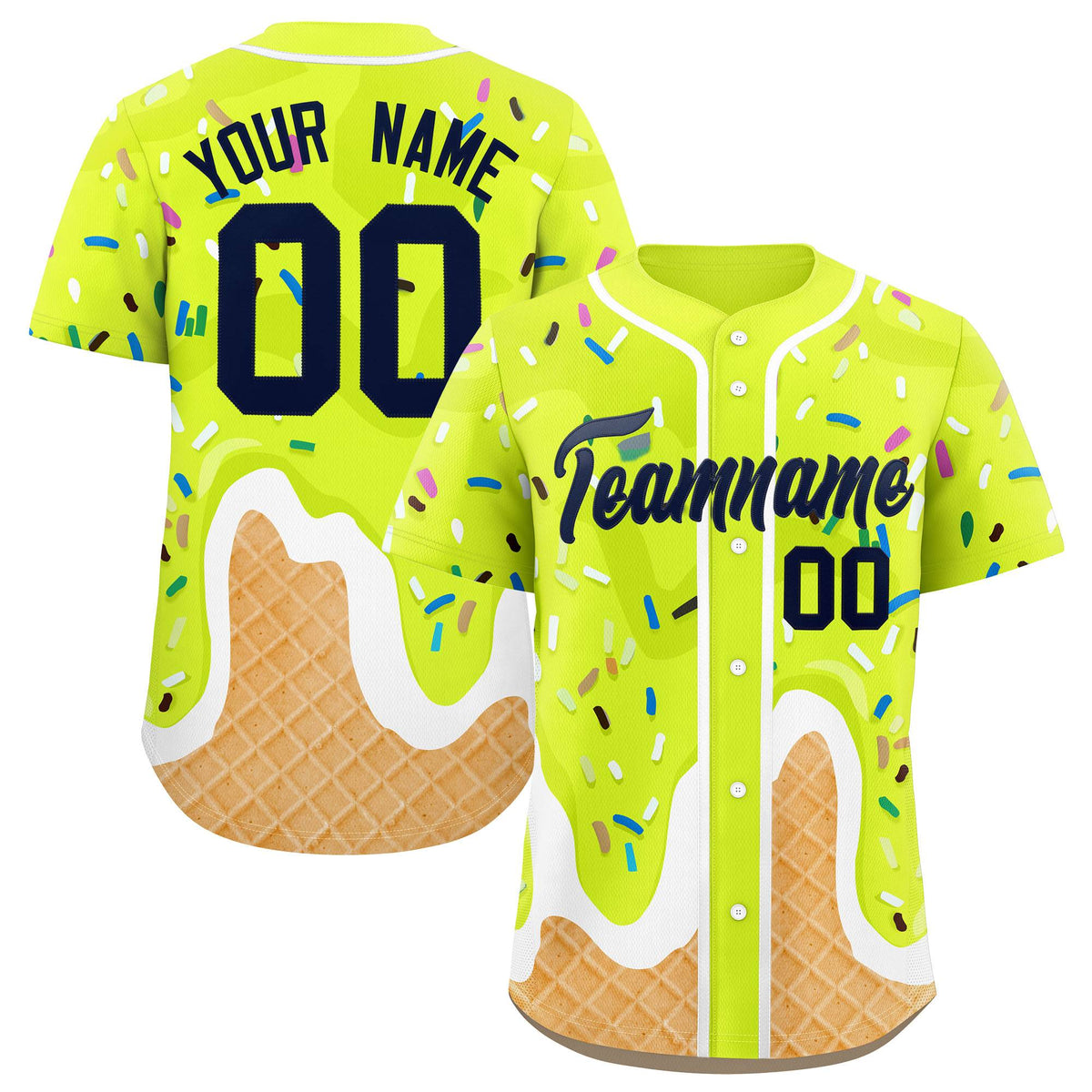 Custom Fluorescent Green Ice Cream Cone Graffiti Pattern Fashion Authentic Baseball Jersey| KXKSHOP
