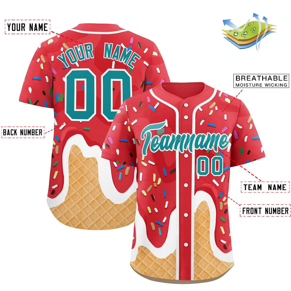 Custom Light Red Ice Cream Cone Graffiti Pattern Fashion Authentic Baseball Jersey| KXKSHOP