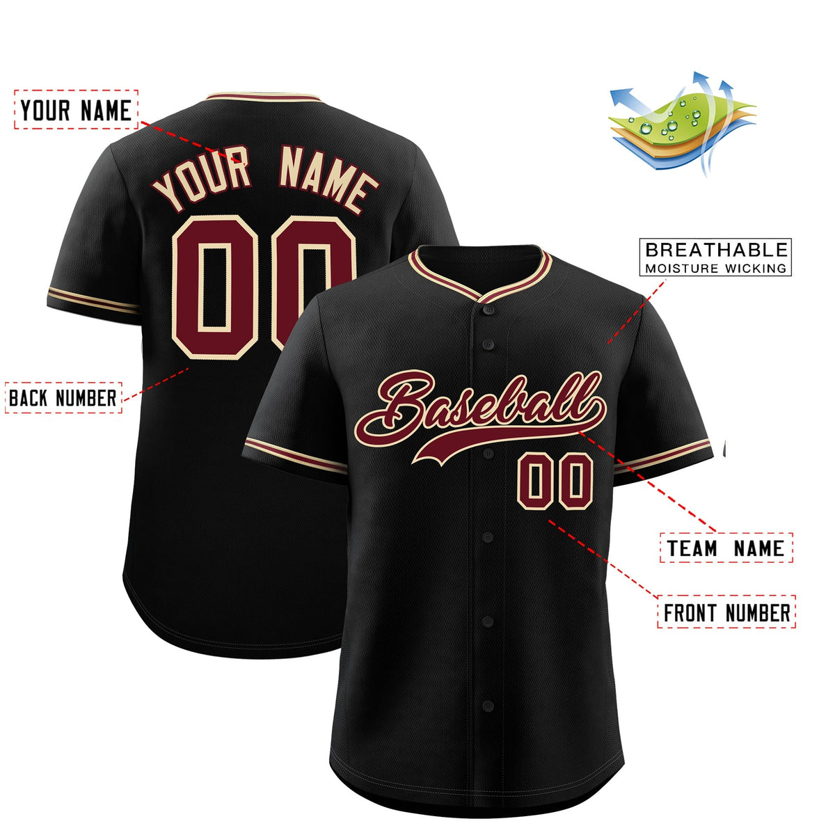 Custom Black Crimson-Khaki Classic Personalized Baseball Sports Uniform| KXKSHOP