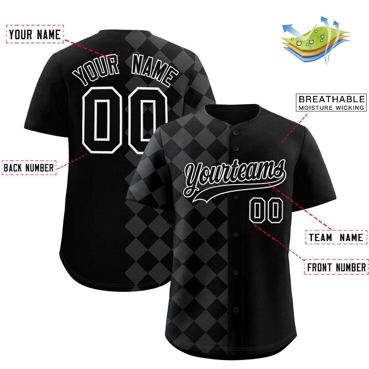 Custom Black Rhombus Design Authentic Baseball Jersey| KXKSHOP