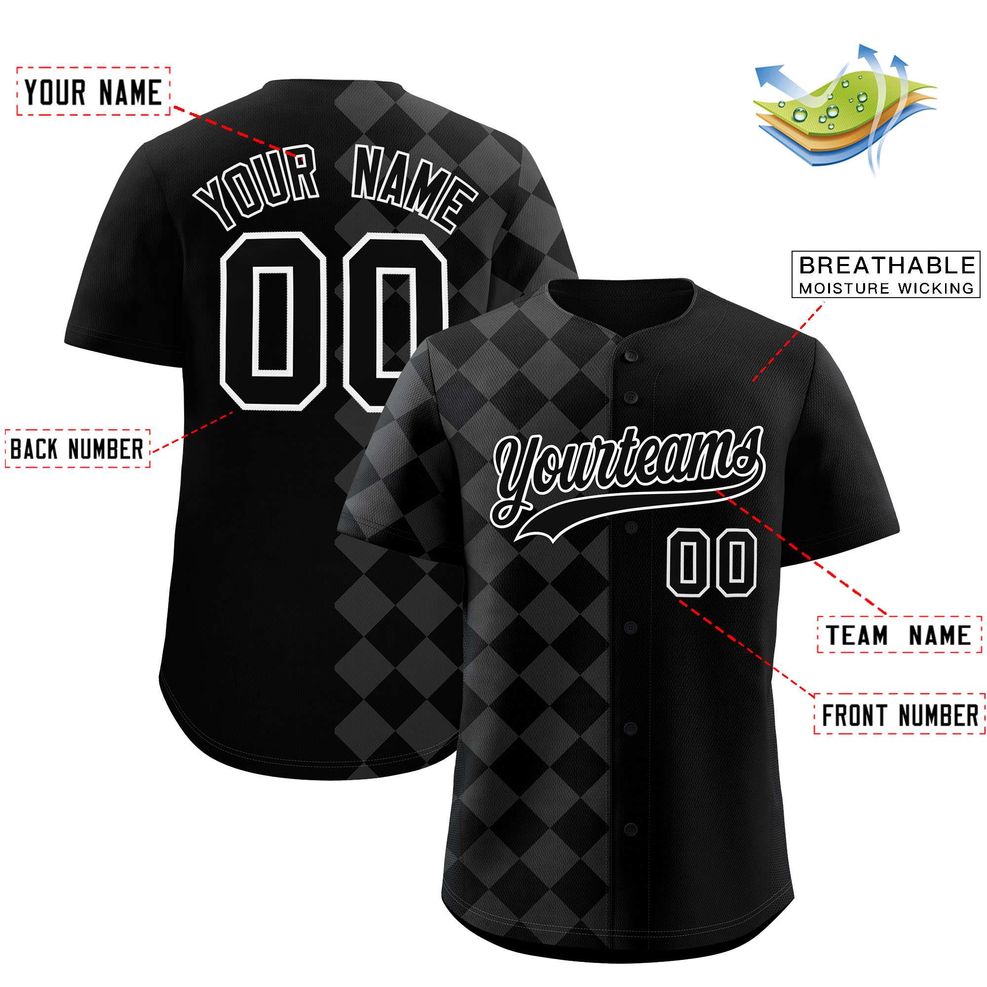 Custom Black Rhombus Design Authentic Baseball Jersey| KXKSHOP