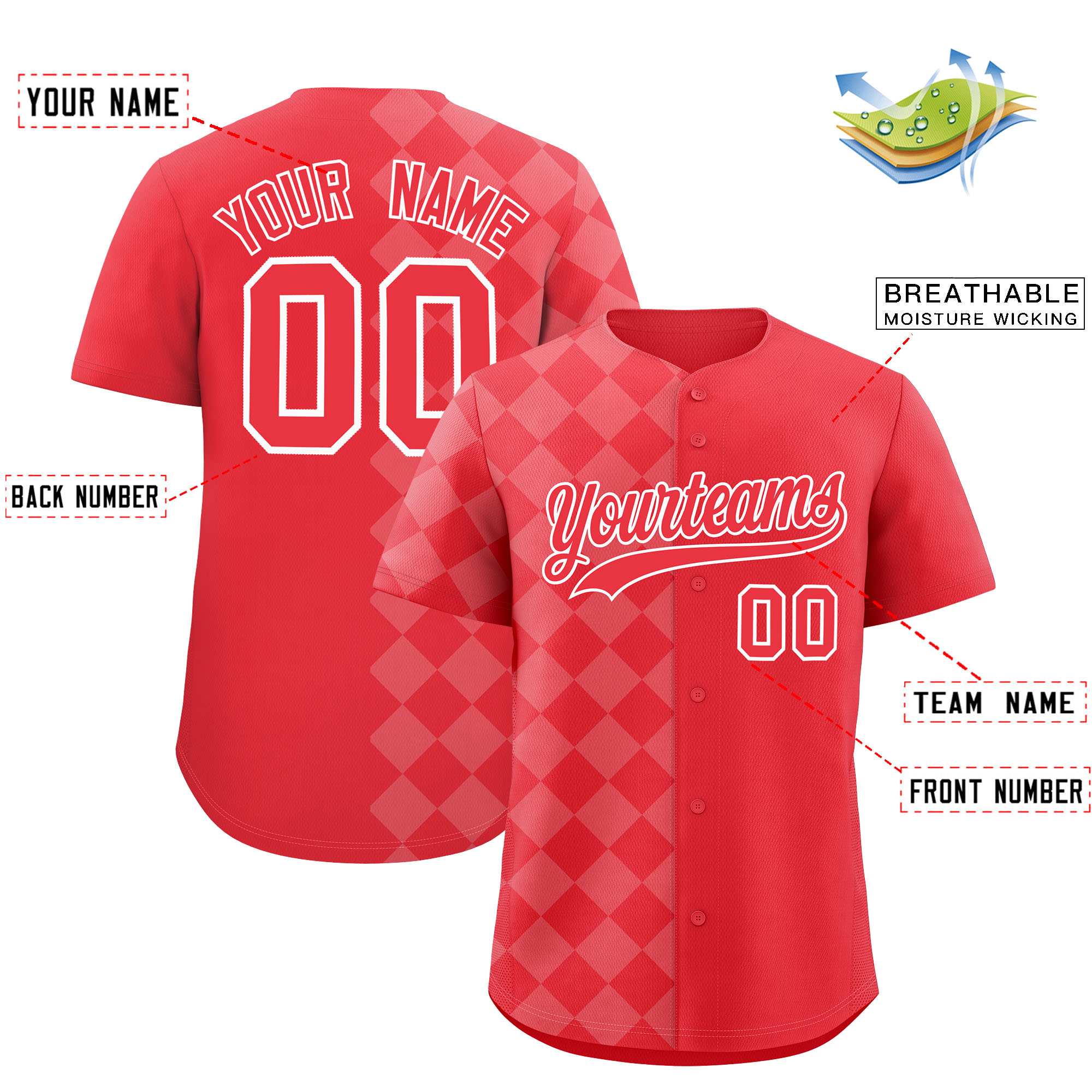 Custom Light Red Rhombus Design Authentic Baseball Jersey| KXKSHOP