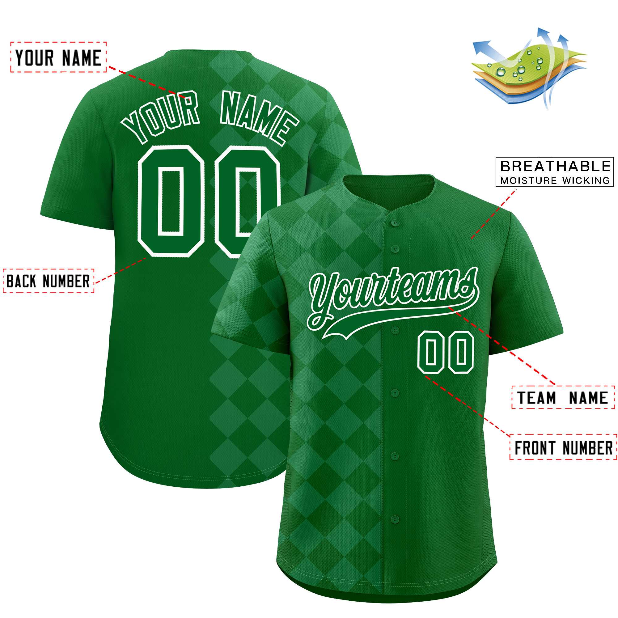 Custom Green Rhombus Design Authentic Baseball Jersey| KXKSHOP