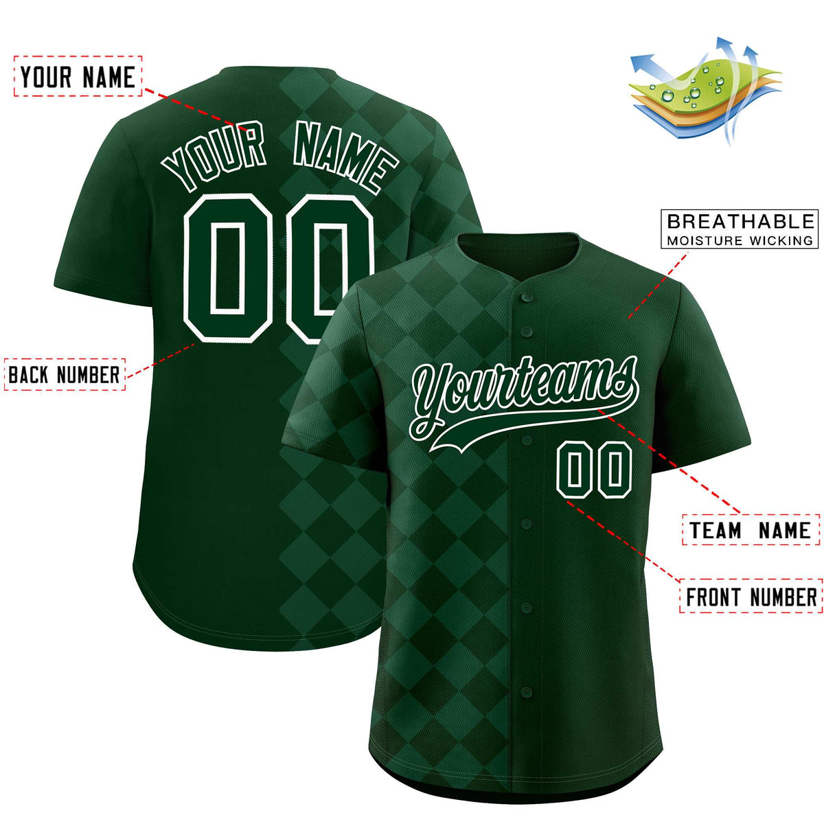 Custom Green Rhombus Design Authentic Baseball Jersey| KXKSHOP