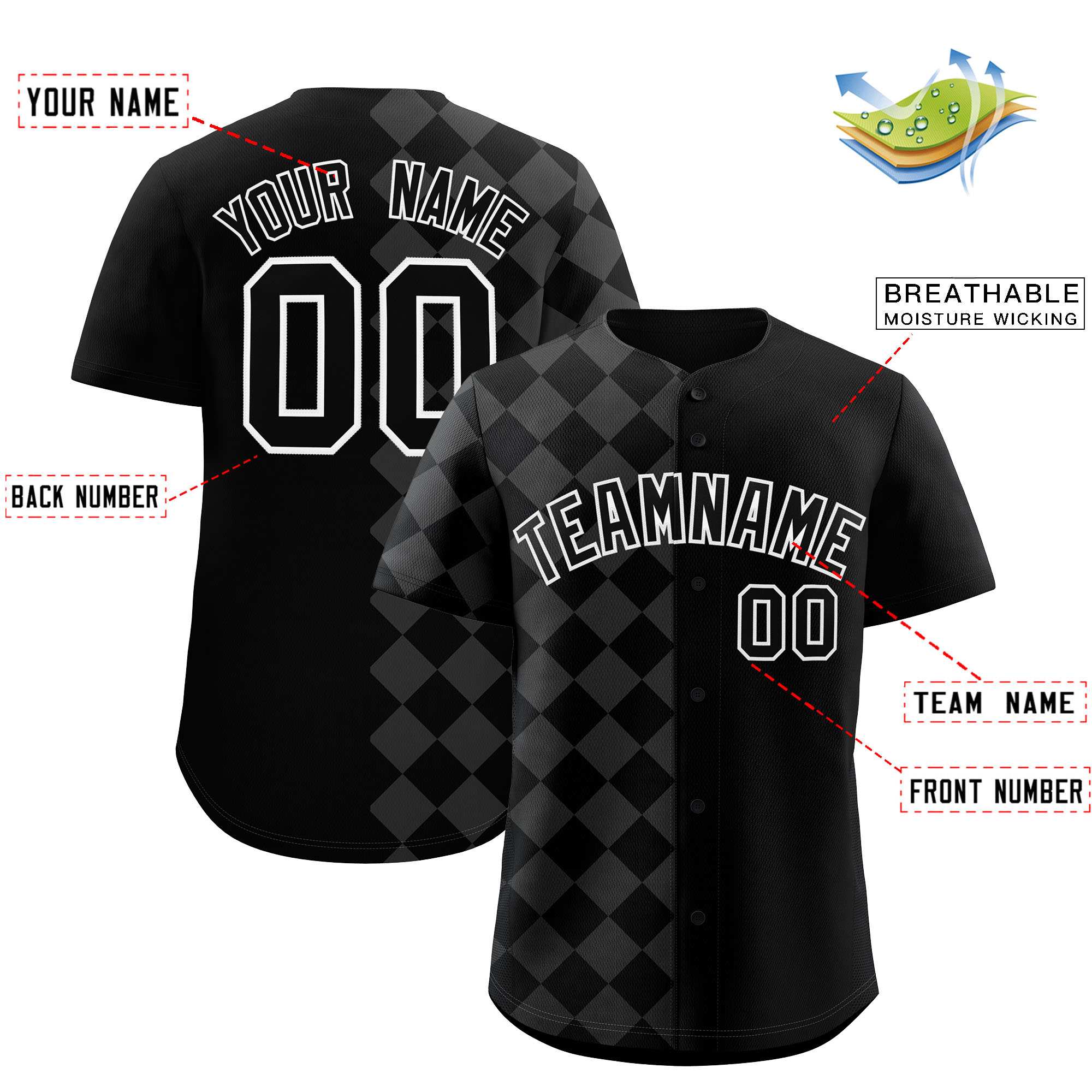 Custom Black Rhombus Design Authentic Baseball Jersey| KXKSHOP