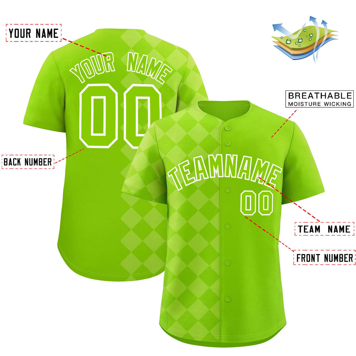 Custom Neon Green Rhombus Design Authentic Baseball Jersey| KXKSHOP