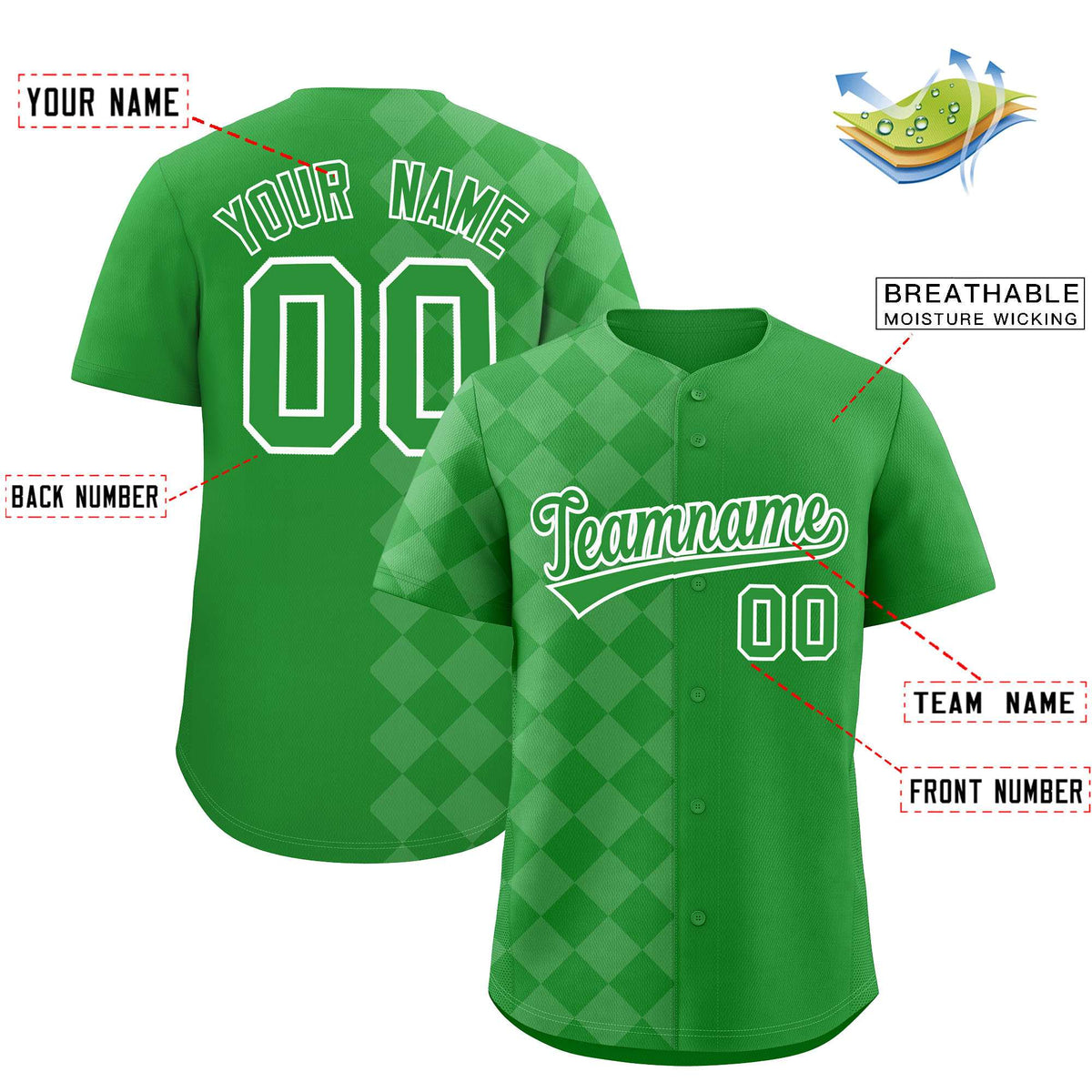 Custom Light Green Rhombus Design Authentic Baseball Jersey| KXKSHOP
