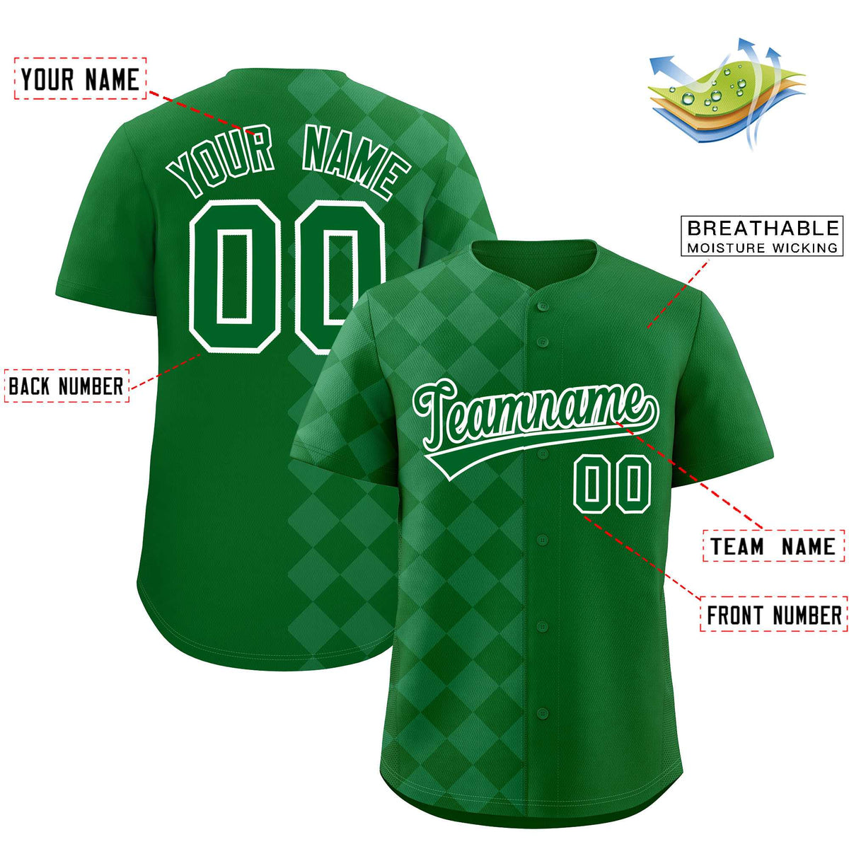 Custom Green Rhombus Design Authentic Baseball Jersey| KXKSHOP