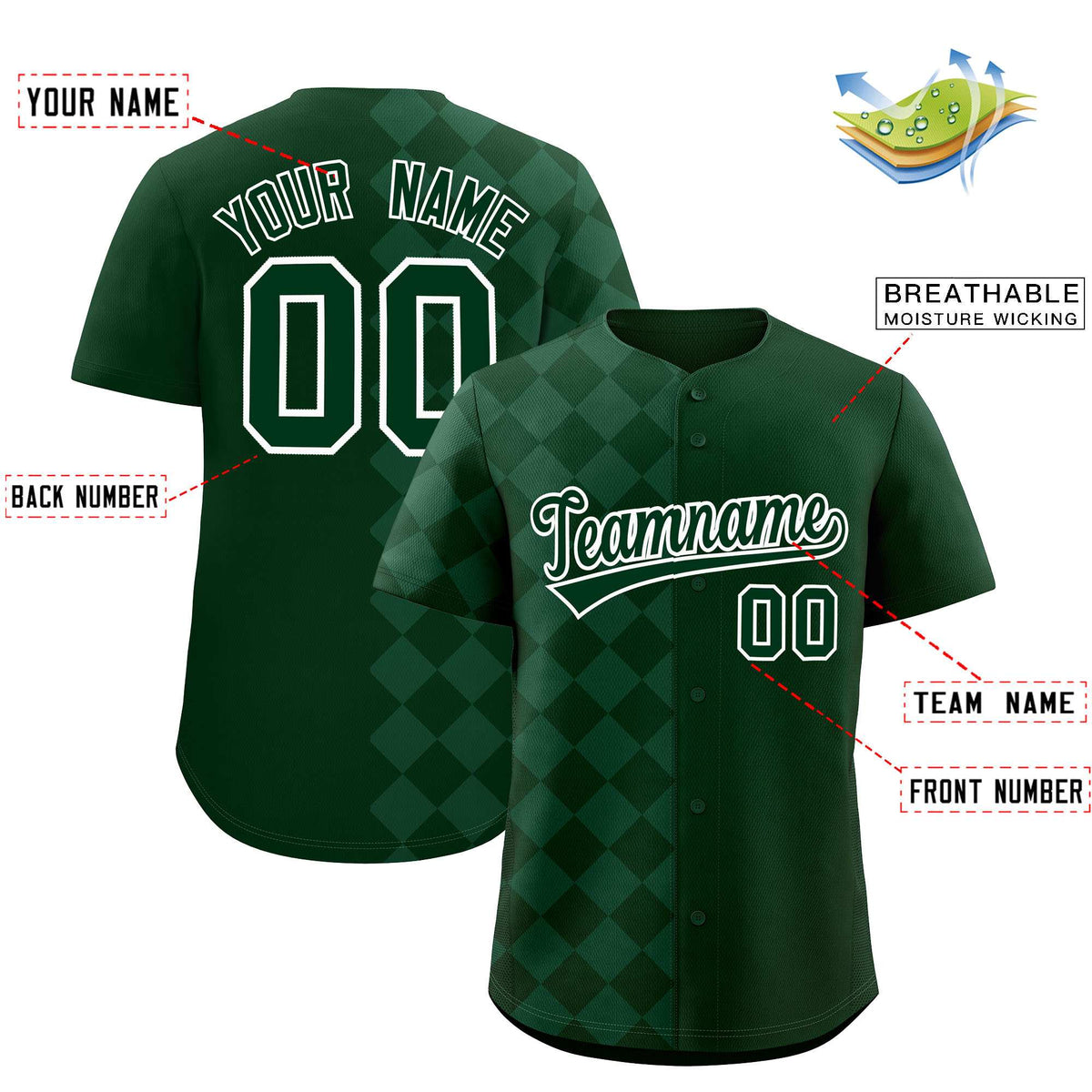 Custom Green Rhombus Design Authentic Baseball Jersey| KXKSHOP