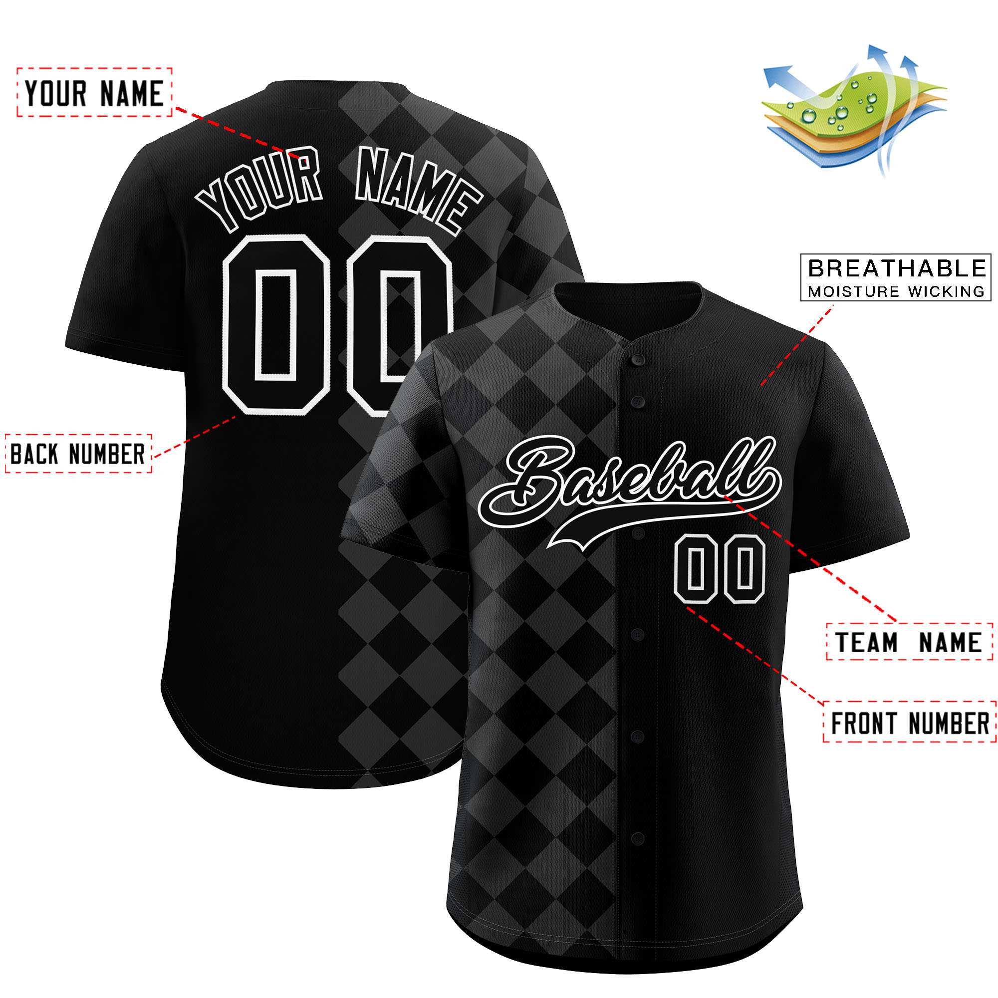 Custom Black Rhombus Design Authentic Baseball Jersey| KXKSHOP