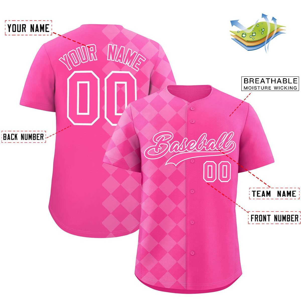 Custom Pink Rhombus Design Authentic Baseball Jersey| KXKSHOP