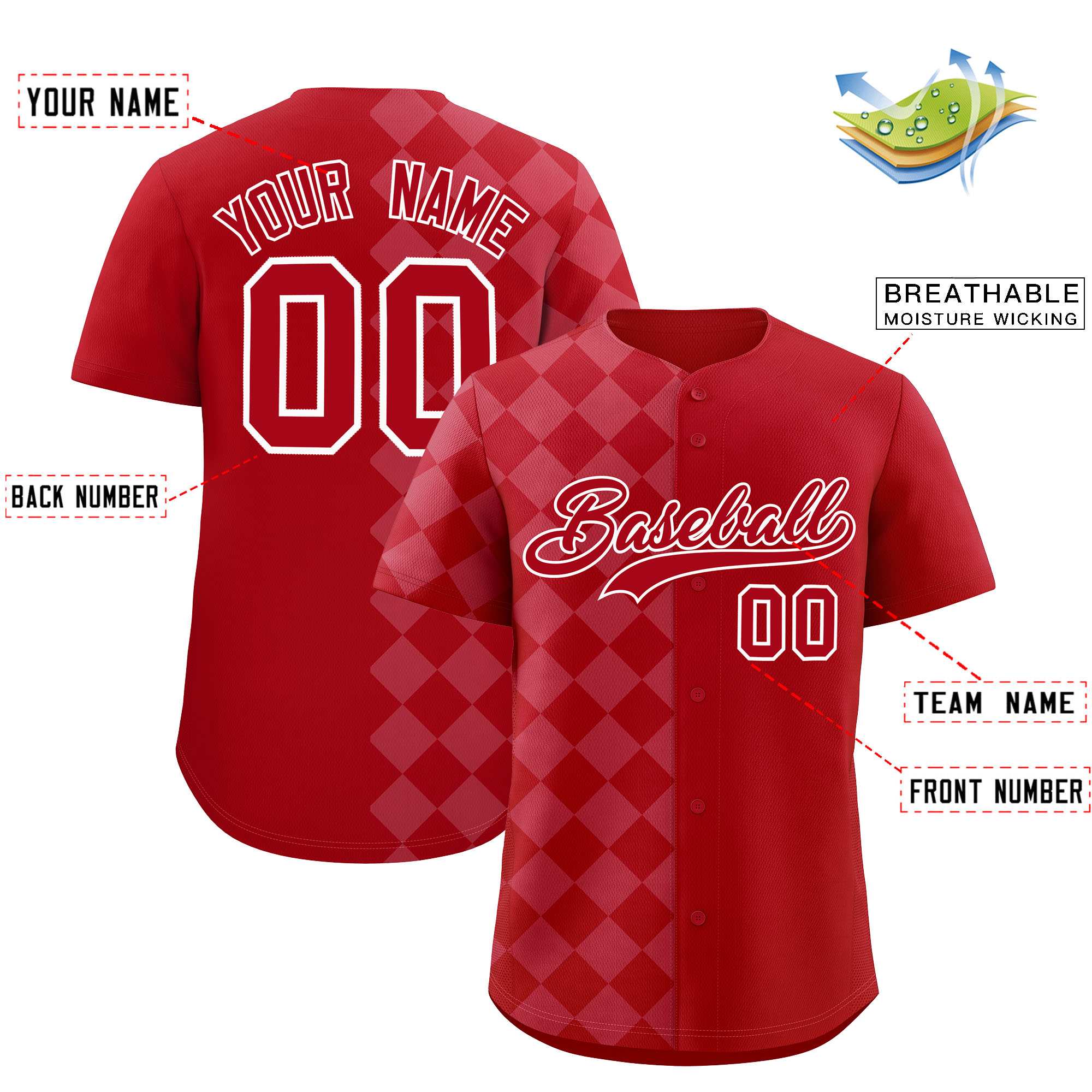 Custom Red Rhombus Design Authentic Baseball Jersey| KXKSHOP