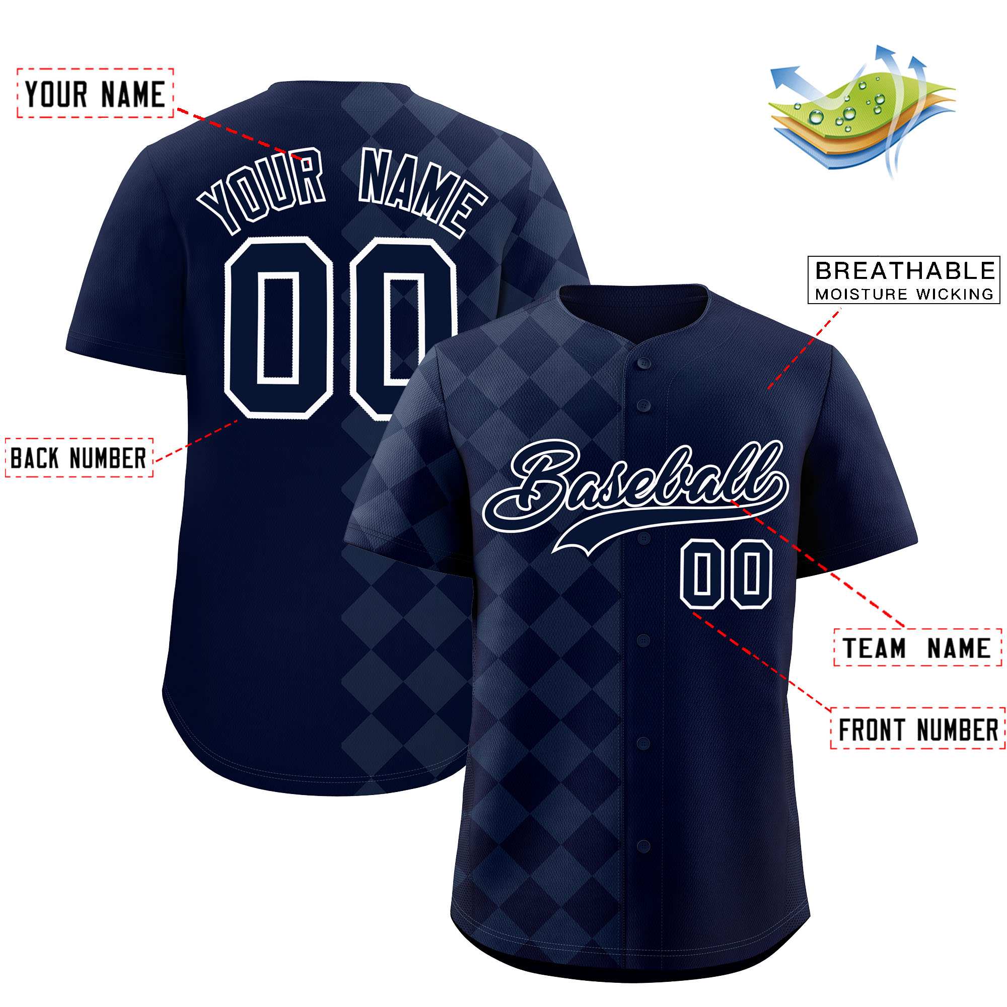 Custom Navy Rhombus Design Authentic Baseball Jersey| KXKSHOP