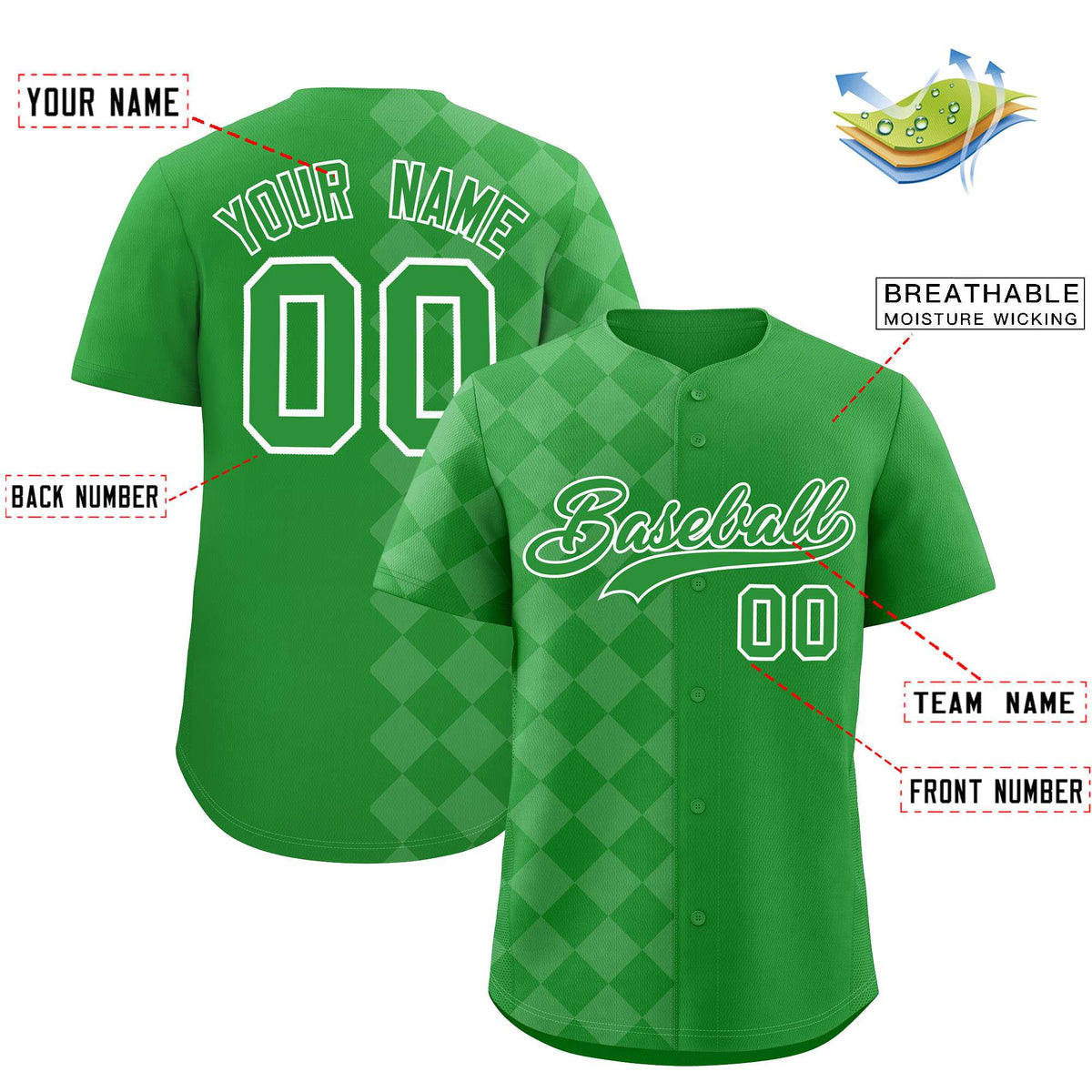 Custom Light Green Rhombus Design Authentic Baseball Jersey| KXKSHOP