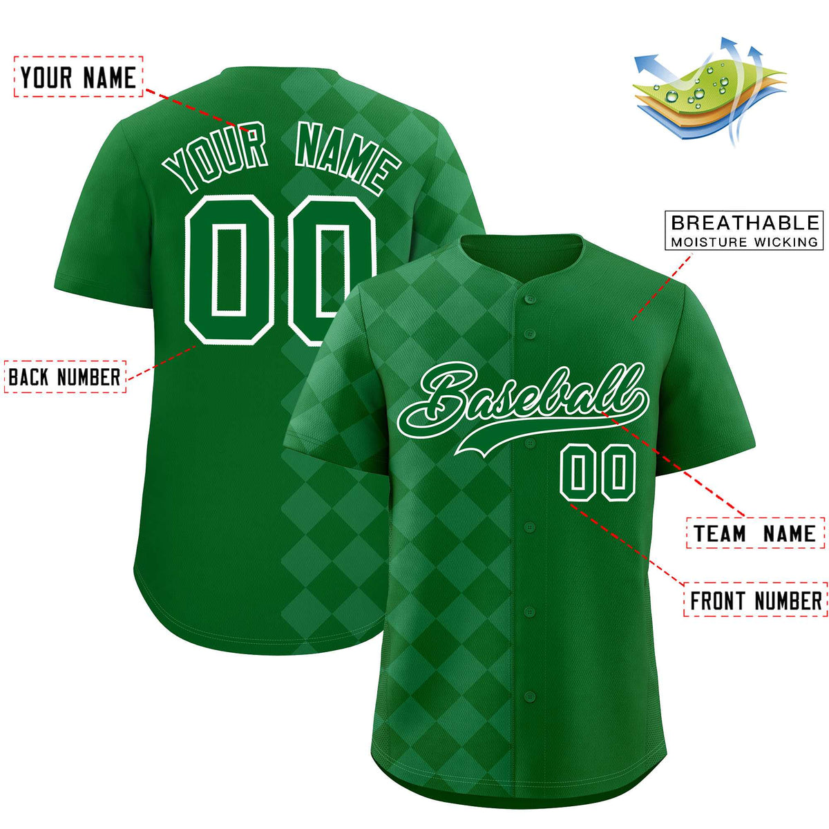 Custom Green Rhombus Design Authentic Baseball Jersey| KXKSHOP