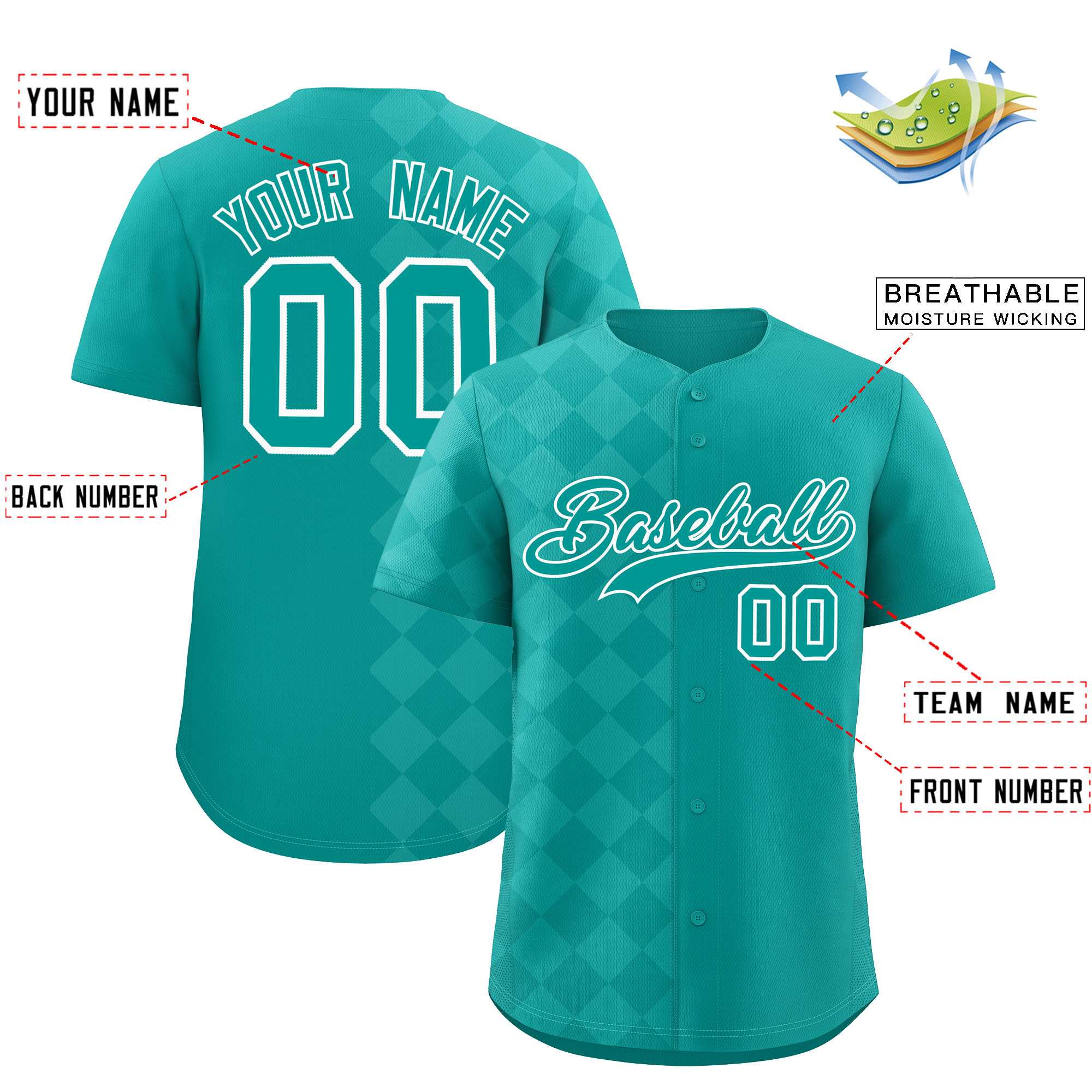 Custom Aqua Rhombus Design Authentic Baseball Jersey| KXKSHOP