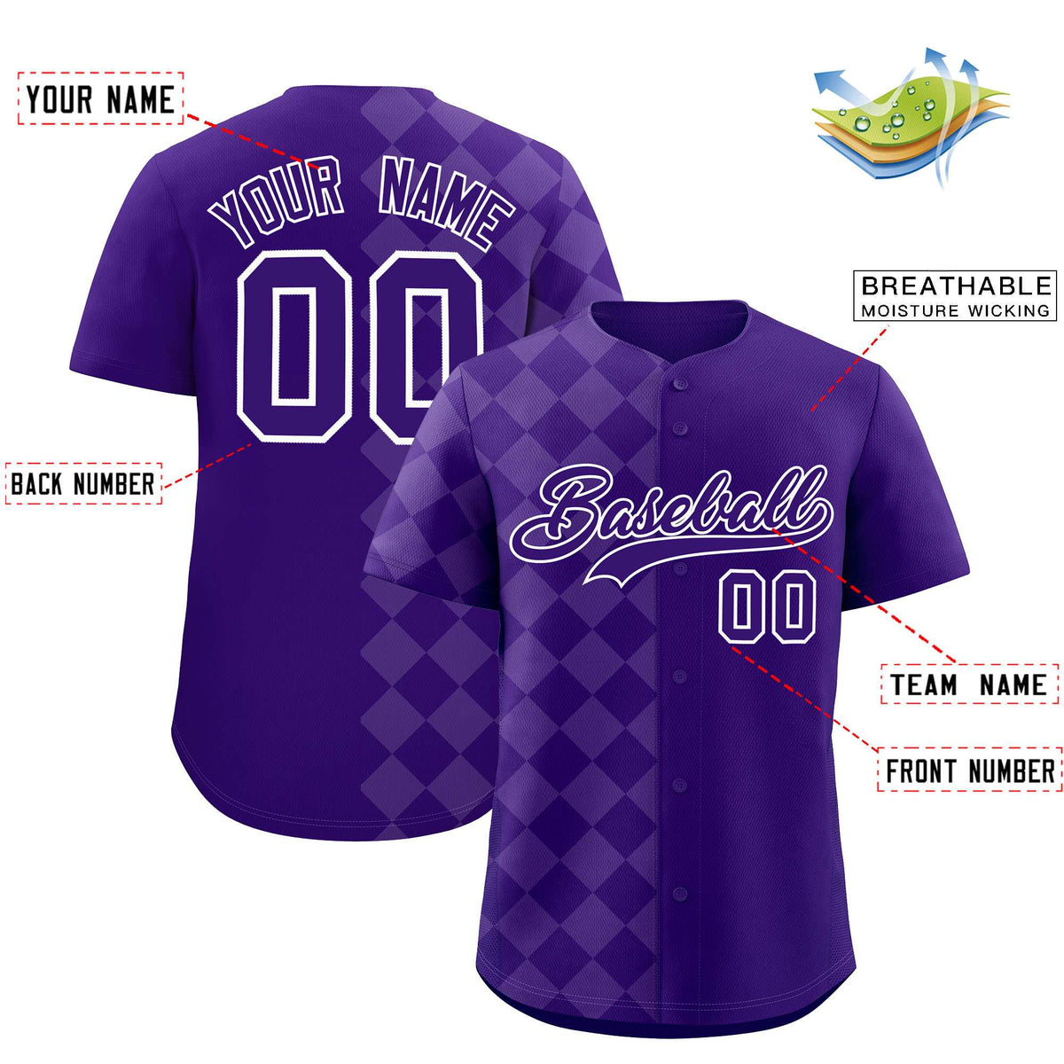 Custom Purple Rhombus Design Authentic Baseball Jersey| KXKSHOP