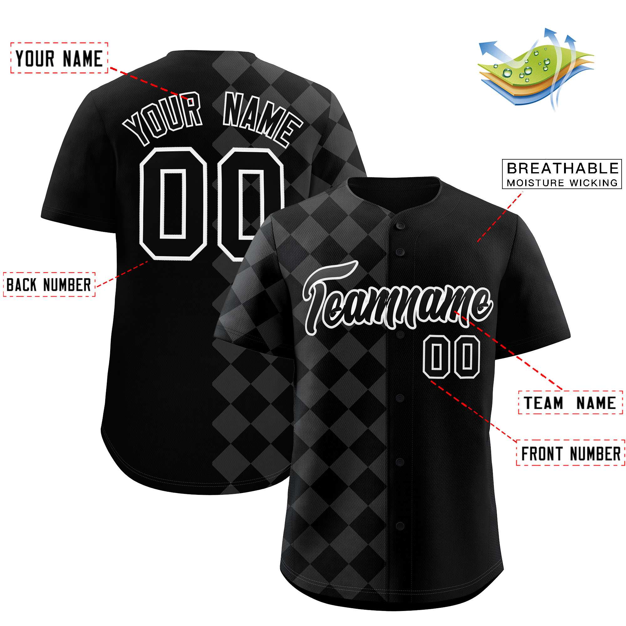 Custom Black Rhombus Design Authentic Baseball Jersey| KXKSHOP