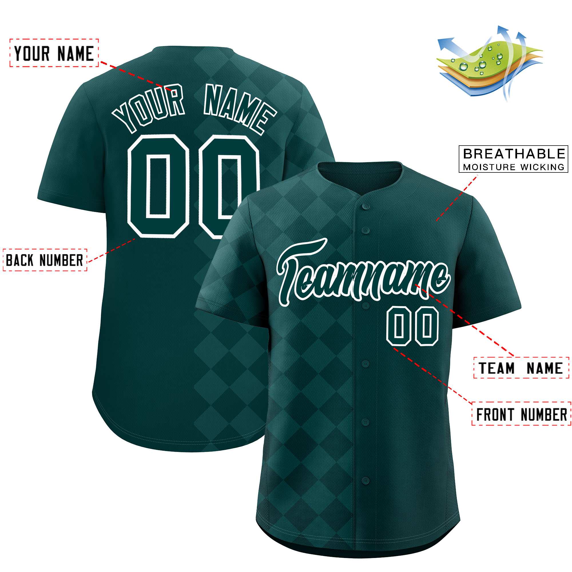 Custom Midnight Green Rhombus Design Authentic Baseball Jersey| KXKSHOP