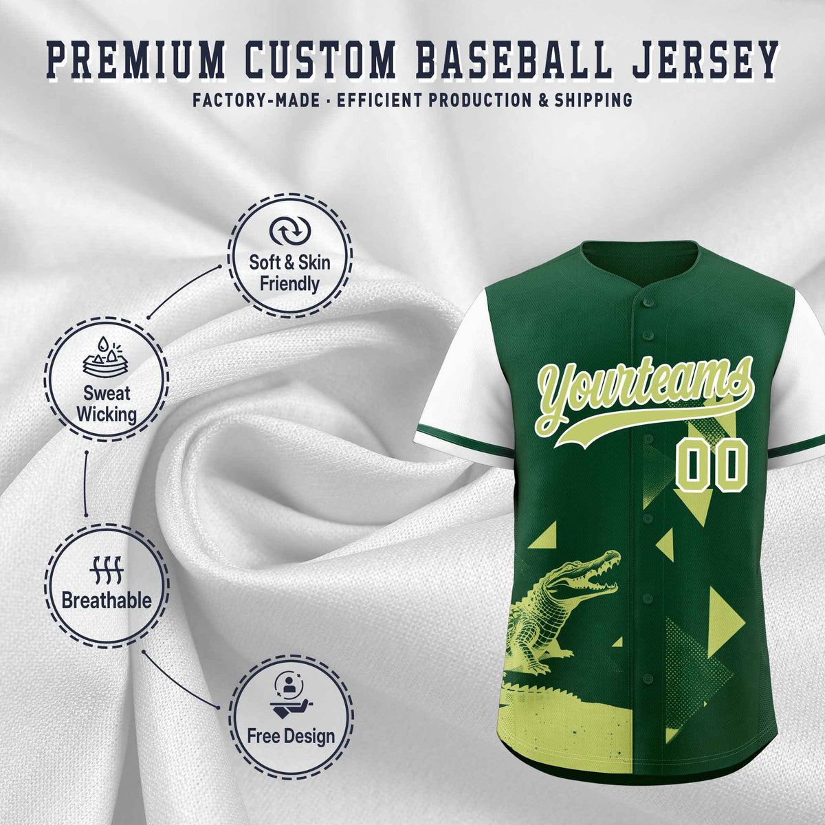 Custom White Green Raptor Series Raglan Sleeves Wrinkle-Resistant Baseball Jersey