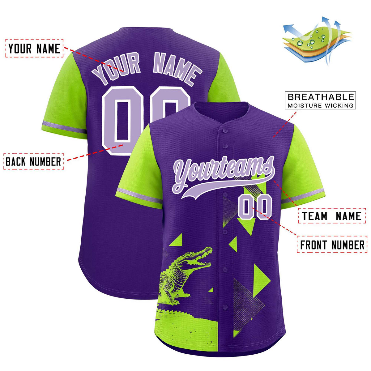 Custom Neon Green Purple Raptor Series Raglan Sleeves Hip Hop Baseball Jersey