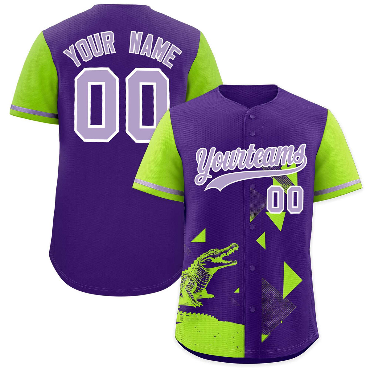 Custom Neon Green Purple Raptor Series Raglan Sleeves Hip Hop Baseball Jersey