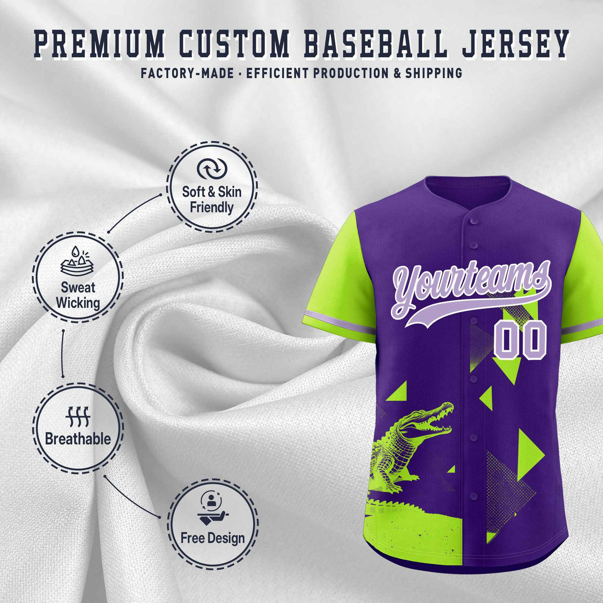 Custom Neon Green Purple Raptor Series Raglan Sleeves Hip Hop Baseball Jersey