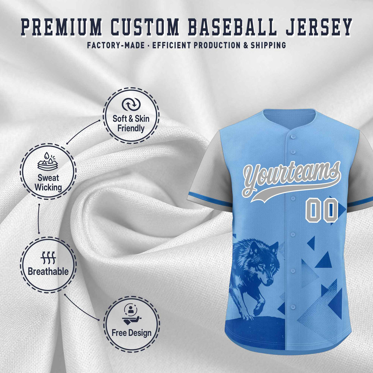 Custom Gray Powder Blue Raptor Series Raglan Sleeves Breathable Baseball Jersey