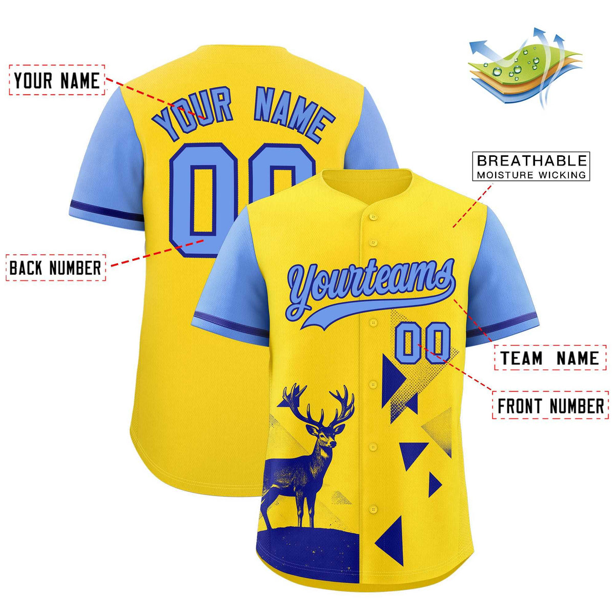 Custom Light Blue Gold Raptor Series Raglan Sleeves Lightweight Baseball Jersey