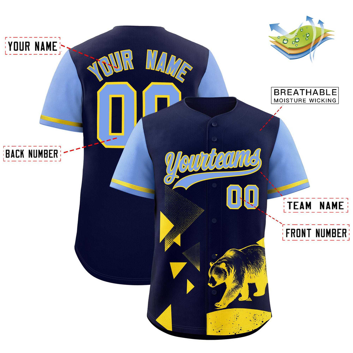 Custom Light Blue Midnight Blue Raptor Series Raglan Sleeves Lightweight Baseball Jersey
