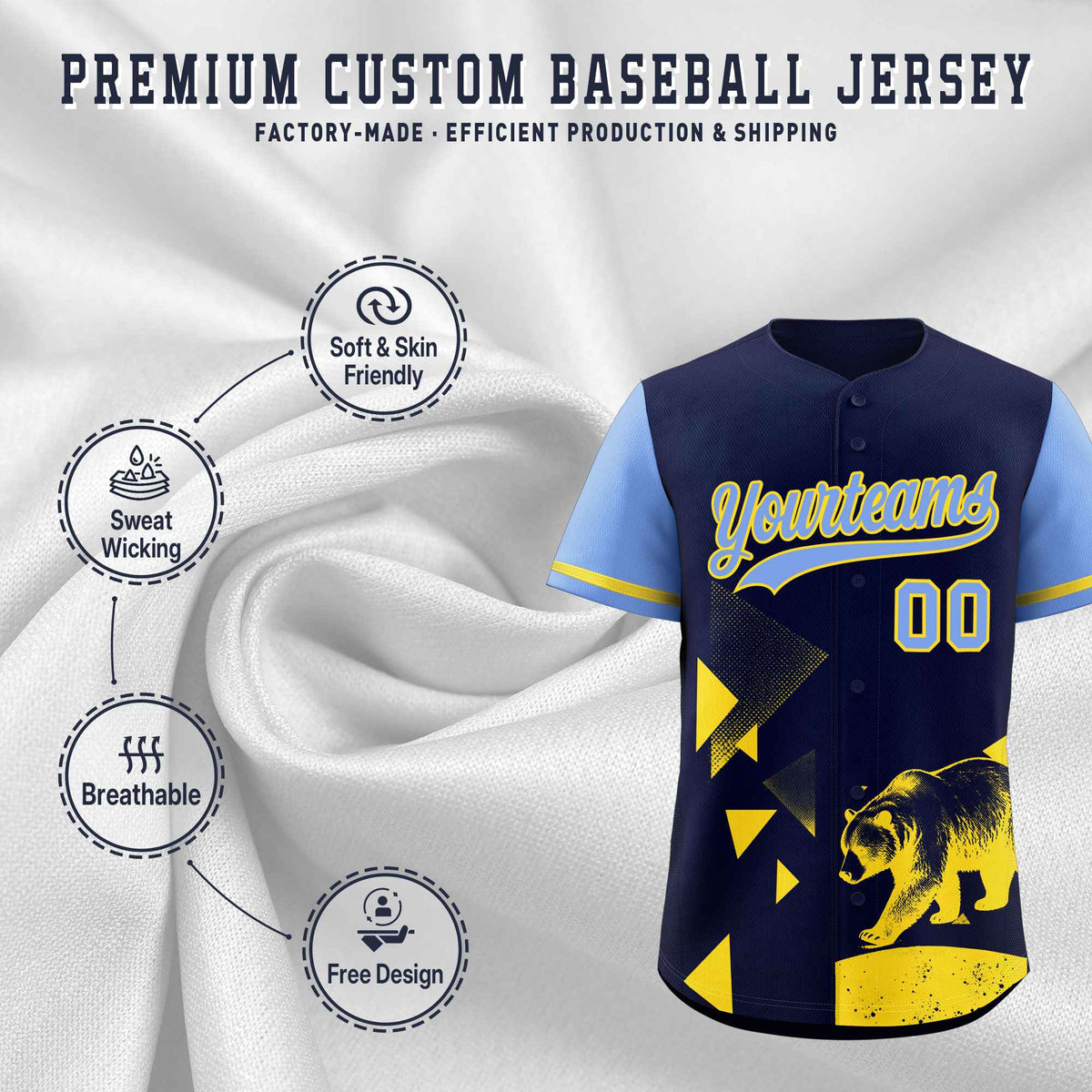 Custom Light Blue Midnight Blue Raptor Series Raglan Sleeves Lightweight Baseball Jersey