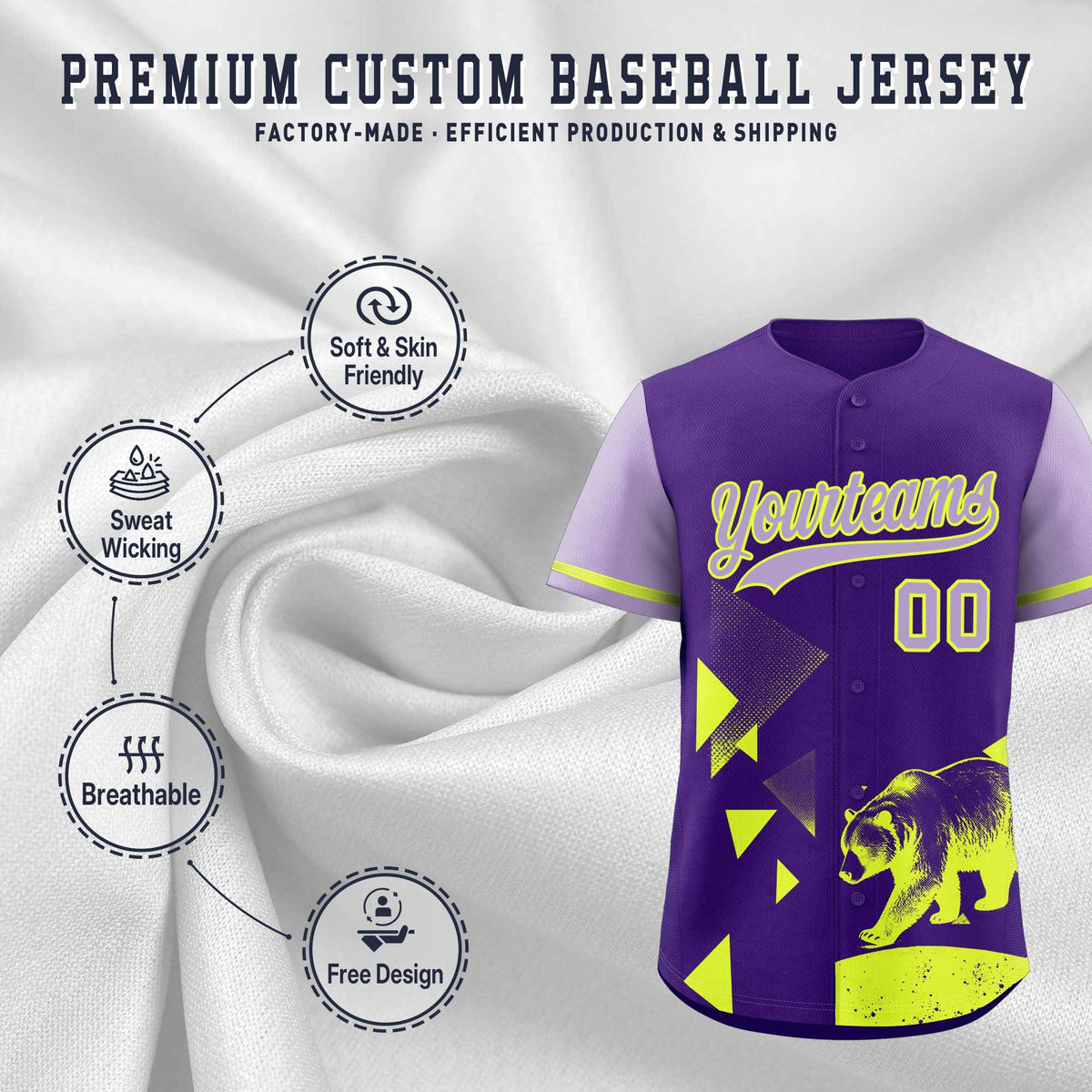 Custom Light Purple Purple Raptor Series Raglan Sleeves Wrinkle-Resistant Baseball Jersey