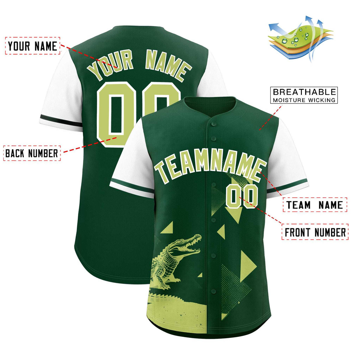 Custom White Green Raptor Series Raglan Sleeves Wrinkle-Resistant Baseball Jersey