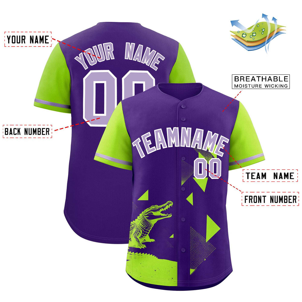 Custom Neon Green Purple Raptor Series Raglan Sleeves Hip Hop Baseball Jersey