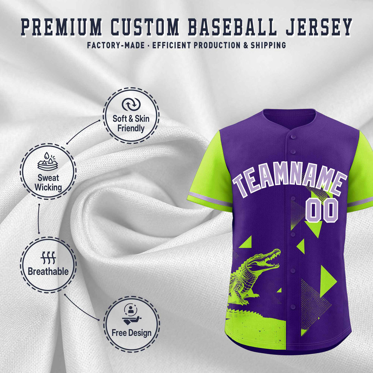 Custom Neon Green Purple Raptor Series Raglan Sleeves Hip Hop Baseball Jersey