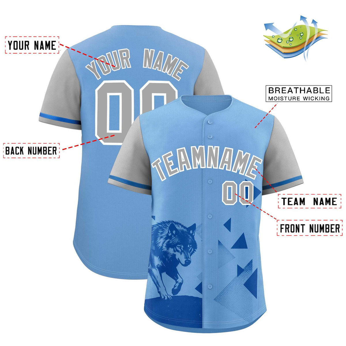 Custom Gray Powder Blue Raptor Series Raglan Sleeves Breathable Baseball Jersey